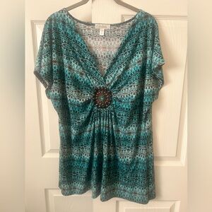 dressbarn Teal and Black Patterned Blouse